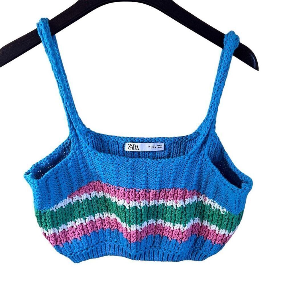 Zara Womens Crocheted Knitted Striped Y2K Crop Top Size Large Cottagecore Preppy